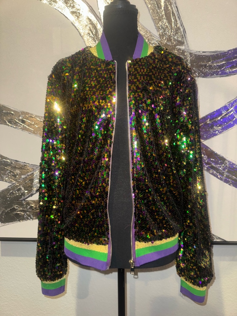 Purple, Green, and Gold Sequin Bomber Jacket